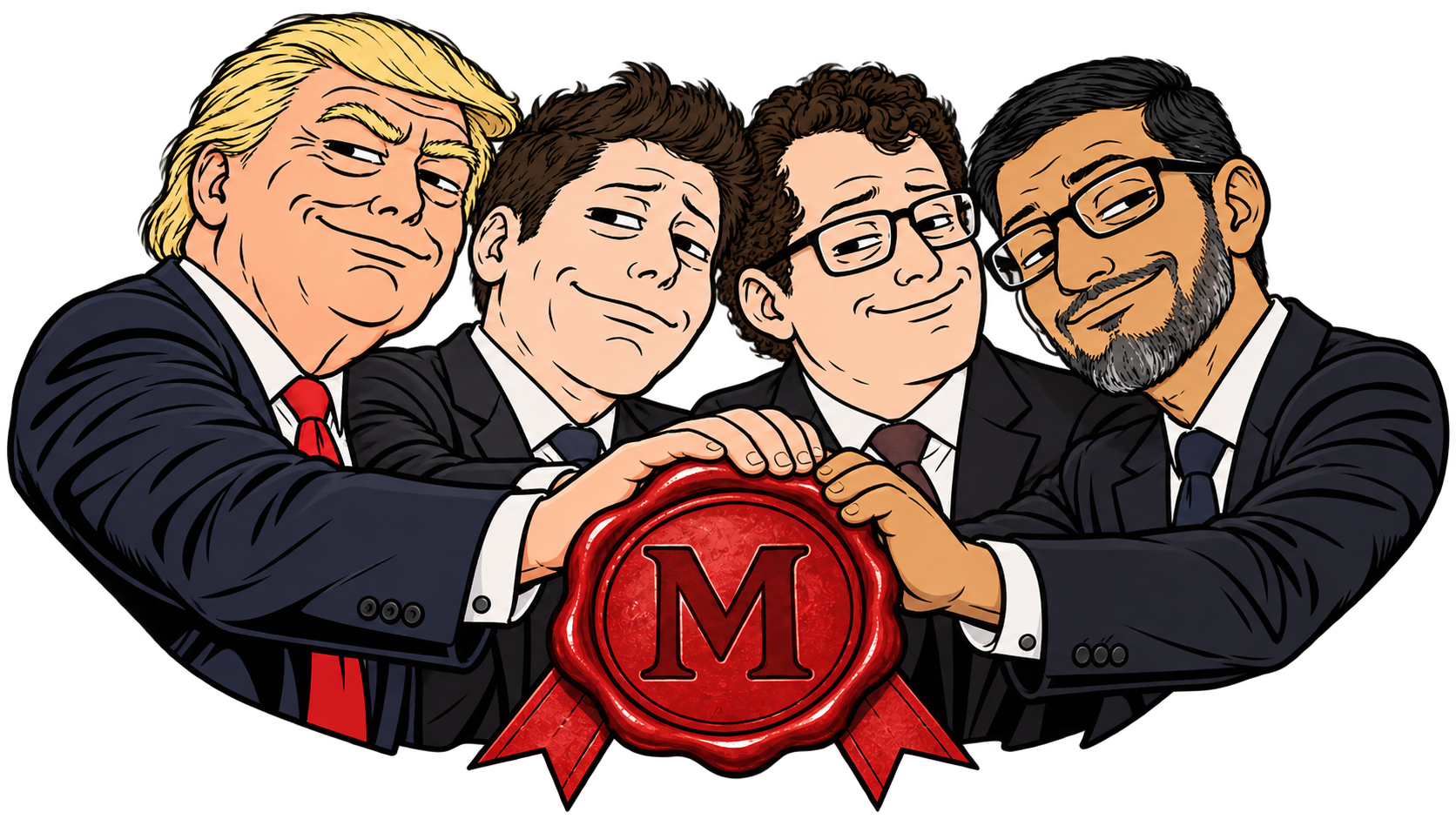 Satirical illustration of agreement participants holding a wax seal