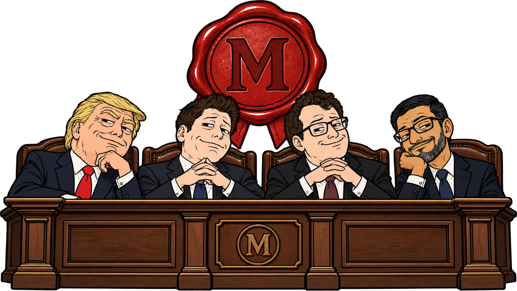Satirical morality tribunal behind a wooden bench