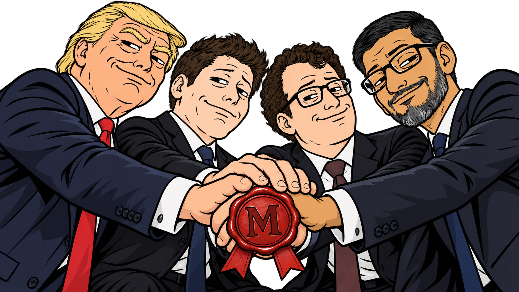 Satirical group sealing the agreement together
